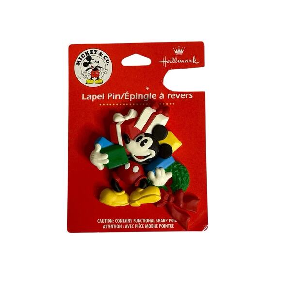 Vintage Disney Christmas Mickey Mouse withPresents Brooch Pinback Lapel Hallmark - Picture 2 of 5